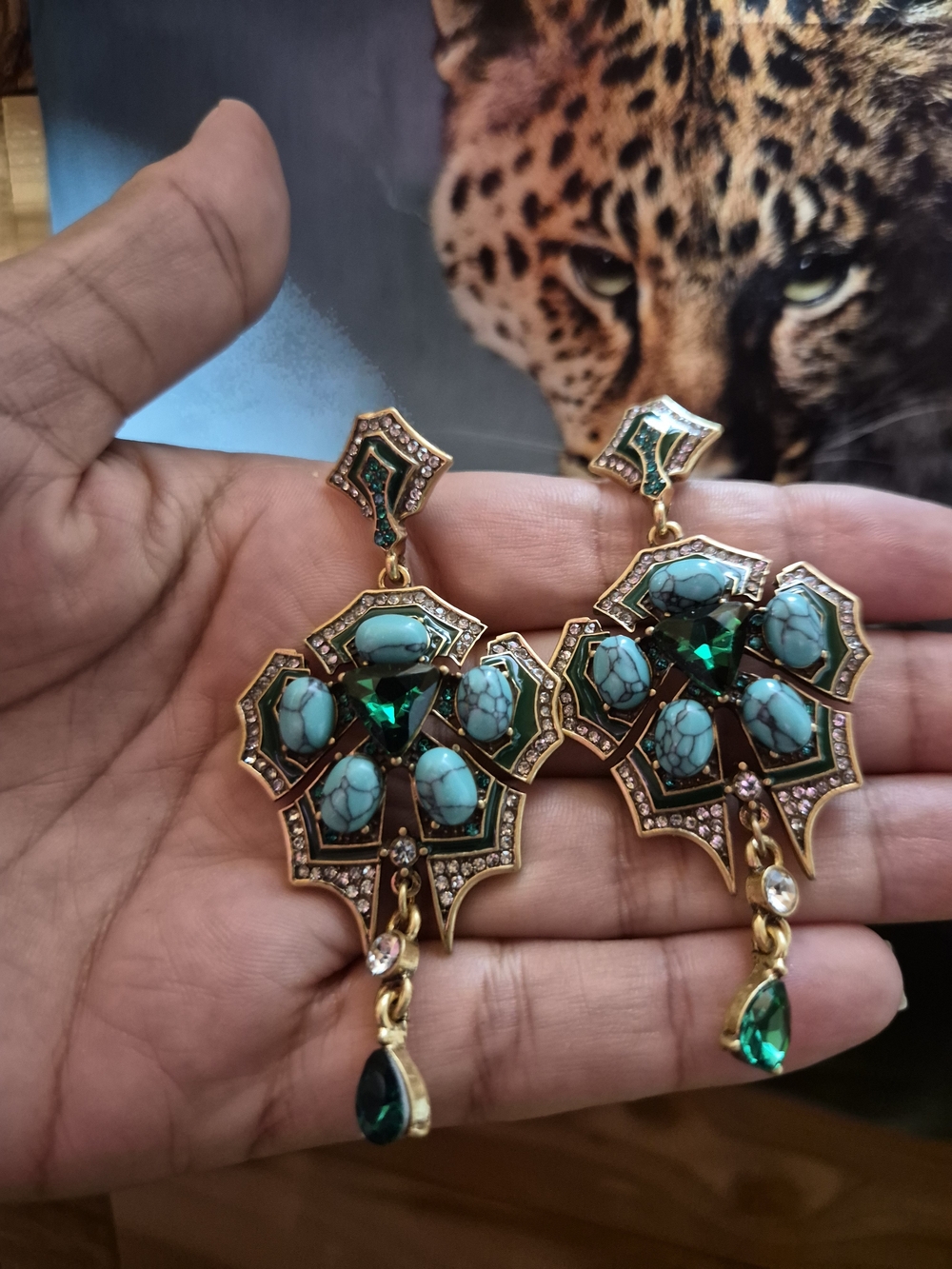 Gold-Tone Turquoise & Emerald Drop Earrings — Vintage-Inspired Statement